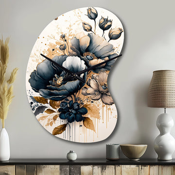 Navy Blue And Gold Poppy Flowers III - Asymmetric Metal Wall Clock